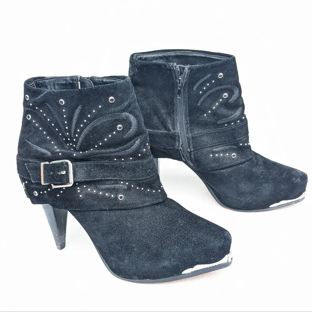 MIRANDA Miranda Lambart jeweled embroidered black suede heeled ankle booties